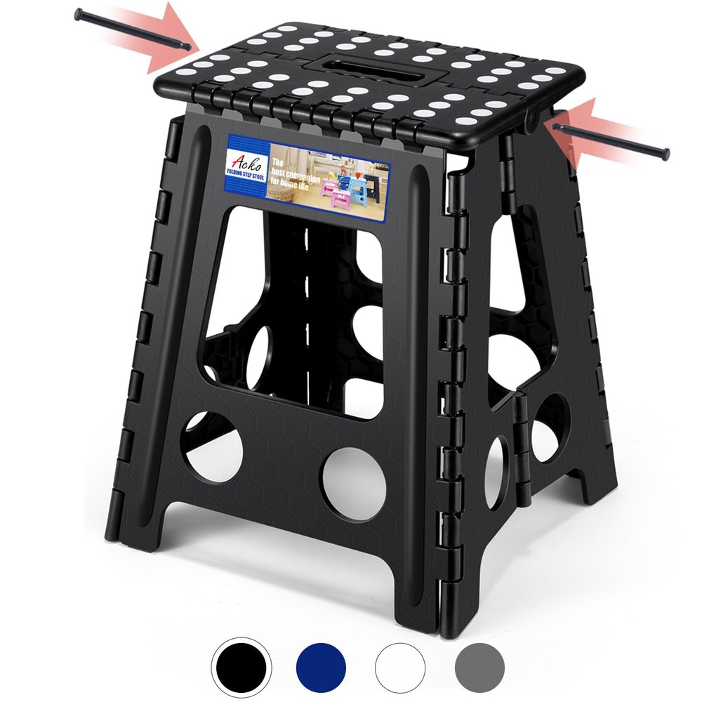 ACKO Folding Step Stool Foldable 16 Inch 400 lbs Capacity, Plastic Stools for Adults and Kids, Collapsible Stools for Kitchen, Stepping Stool with Handle, Black,1 PC
