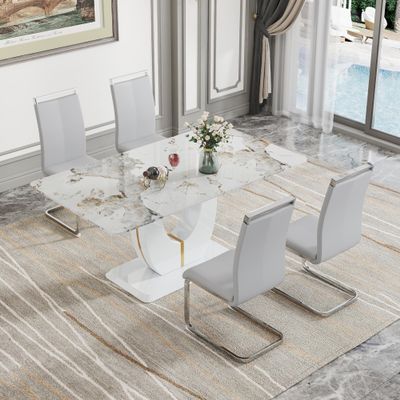 JUFU Modern Dining Table Set for 4, White Marble & Glass, with 4 Light Grey PU Leather Upholstered Chairs, 71'' Large Ideal for Living Room