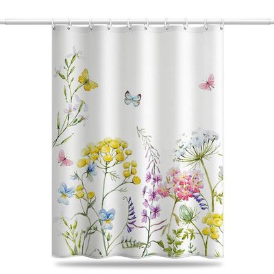 Shower Curtain 47.2 x 78.7inch Colorful Flower Bath Liner Bathroom Decoration Polyester Fabric Curtains with 16 Pieces White Hooks, Yellow, WL-79M38