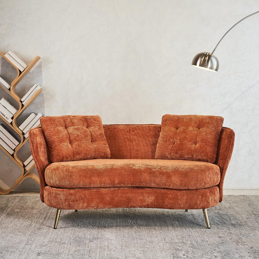 anwickjeff Polyester Fiber Loveseat Sofa Chair Upholstered Couch with Golden Metal Legs Club Two-Seat Sofa for Living Reading Room Bedroom Apartment Small Space Dorm (Orange)