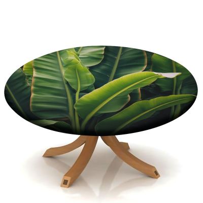 Banana Leaf Green Print Round Elastic Edged Tablecloth, Waterproof Wipeable Table Cover, for Parties Kitchen Dinning and Outdoor Fit for 48" Table