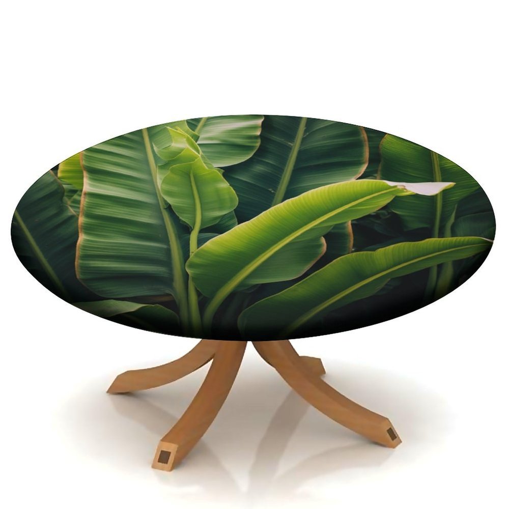 Banana Leaf Green Print Round Elastic Edged Tablecloth, Waterproof Wipeable Table Cover, for Parties Kitchen Dinning and Outdoor Fit for 48" Table