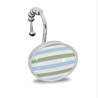 Stripes Shower Curtain Hooks, Sage Green and Blue Stripe 12PCS Shower Curtain Hooks Rings for Bathroom Stainless Steel Rust Resistant Shower Curtain Hangers