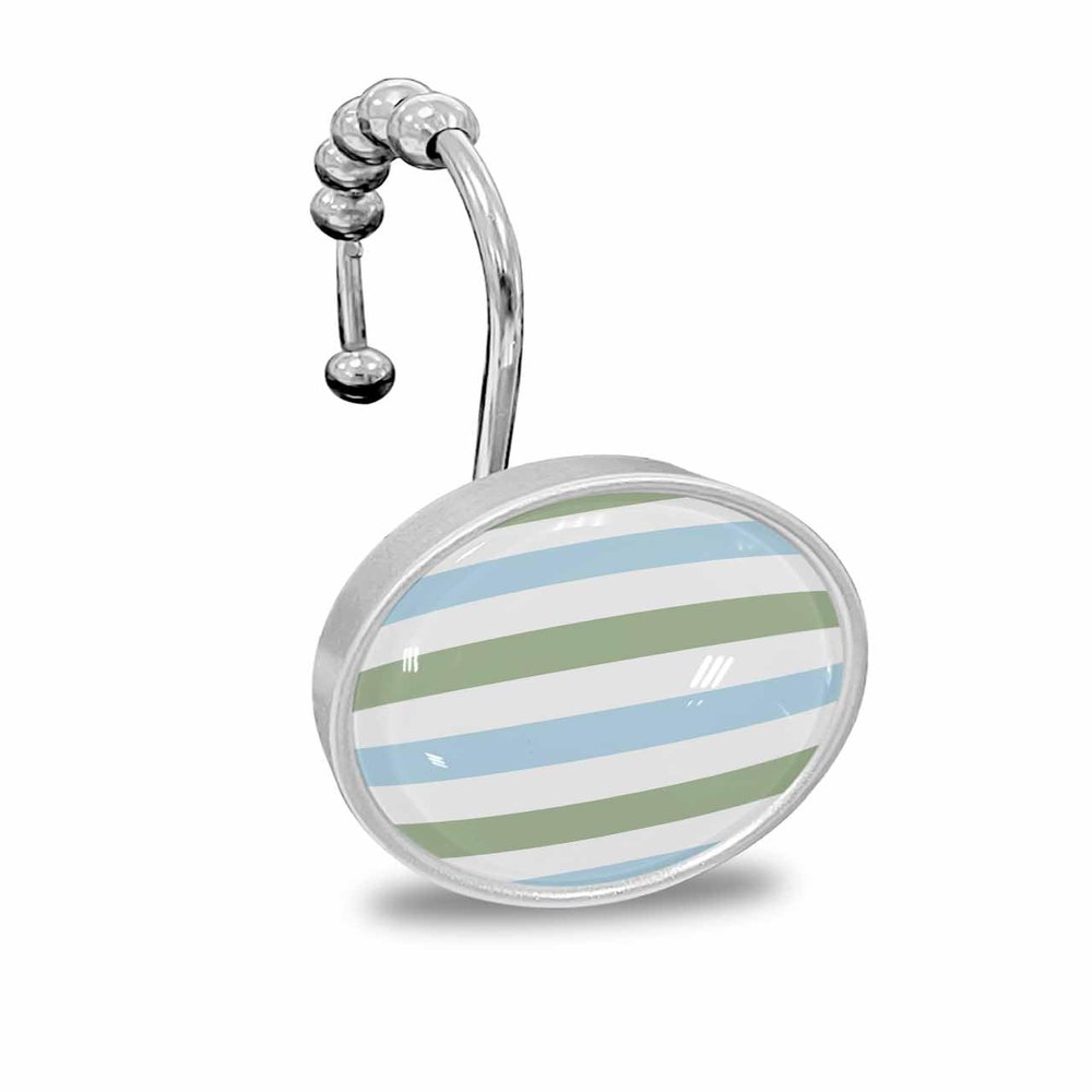 Stripes Shower Curtain Hooks, Sage Green and Blue Stripe 12PCS Shower Curtain Hooks Rings for Bathroom Stainless Steel Rust Resistant Shower Curtain Hangers