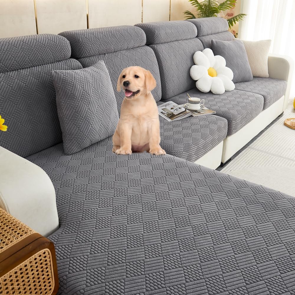 Bomeiqee 2024 New Universal Sofa Cushion Covers Washable 360 Couch Covers Waterproof Magic Sofa Covers for 1/2/3 Sectional Sofa Dog Pet Friendly Furniture Protector (Gray, Large seat Cover)