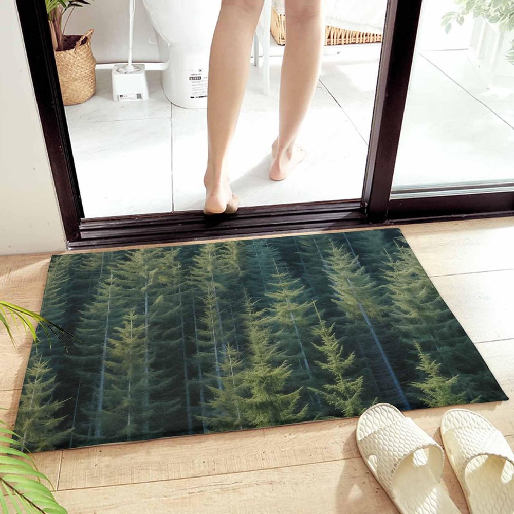 Edwiinsa Forest Plush Rug Non Slip Bath Mat, Soft Shaggy Long Fur Fuzzy Bath Rugs 24" x 35" Carpet Mat for Bathroom Shower Home Green Rustic Cabin Lodge Farmhouse Pine Trees