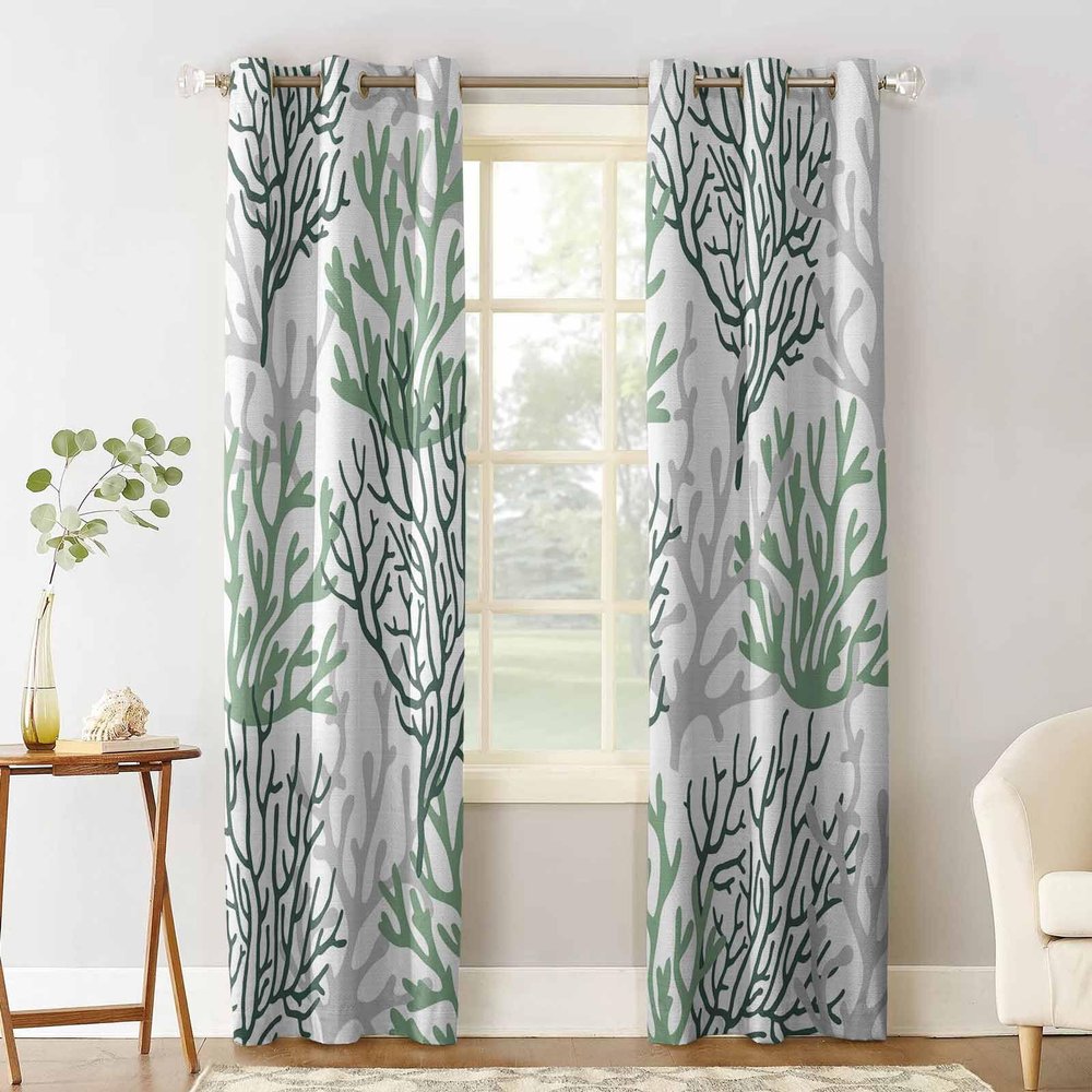 Aiesther Ocean Curtains for Living Room - Marine Organism Coral Green and Gray Room Darkening Thermal Insulated Blackout Curtains for Living Room Bedroom (2 Panels, 42" W by 84" L)