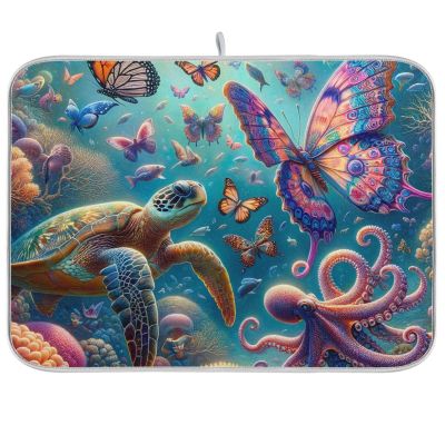 Butterflies with Sea Turtle and Octopus Dish Drying Mat For Kitchen Counter Microfiber Absorbent Drying Pad 16 x 18 Inch Protector Mats Dishes Drainer