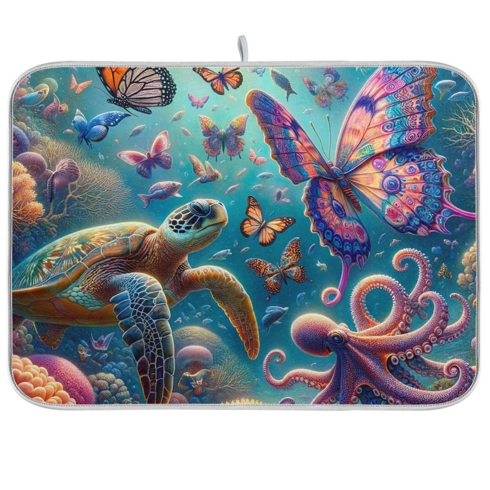 Butterflies with Sea Turtle and Octopus Dish Drying Mat For Kitchen Counter Microfiber Absorbent Drying Pad 16 x 18 Inch Protector Mats Dishes Drainer