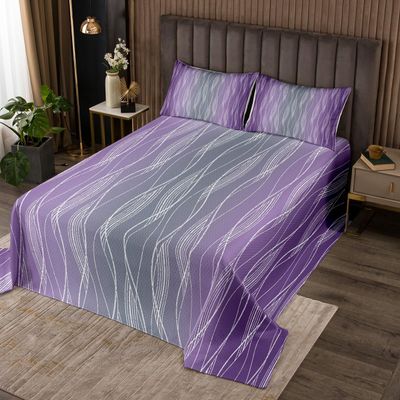 Erosebridal Ombre Girls King Quilt Set Gradient Dark Purple and Grey Bedspread Set Abstract Geometric Stripes Coverlet Set Aesthetics Silver White Wavy Line Bedding Set Purple Bedroom Decor
