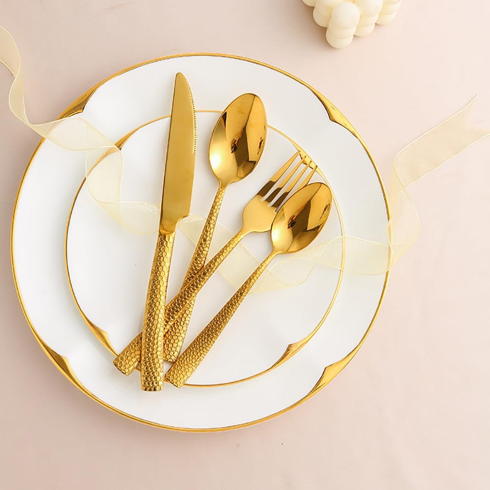 32 Pieces Gold Hammered Silverware Set for 8 Luxury Beautifully Hammered Handle Flatware Set Elegant Tableware Set 18/10 Stainless Steel Cutlery Utensil Sets for Home Restaurant Dishwasher Safe