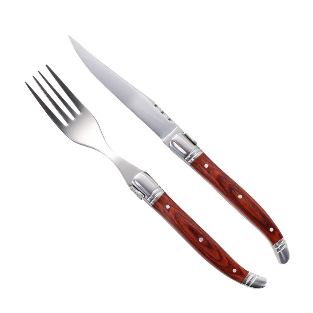8 Pieces Wood Silverware Set for 4 Red Coloured Wooden Handle Luxury Beautifully Flatware Set Elegant Tableware Set 18/10 Stainless Steel Cutlery Utensil Sets for Home Restaurant Dishwasher Safe