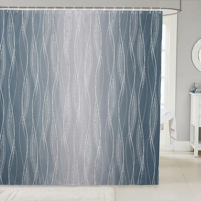 Erosebridal Boys Blue and Greyish White Shower Curtain 72" Wx72 L Abstract Ombre Bath Geometric Silver Striped Modern Fashion Wavy Line Bathroom Accessories 12 Hooks