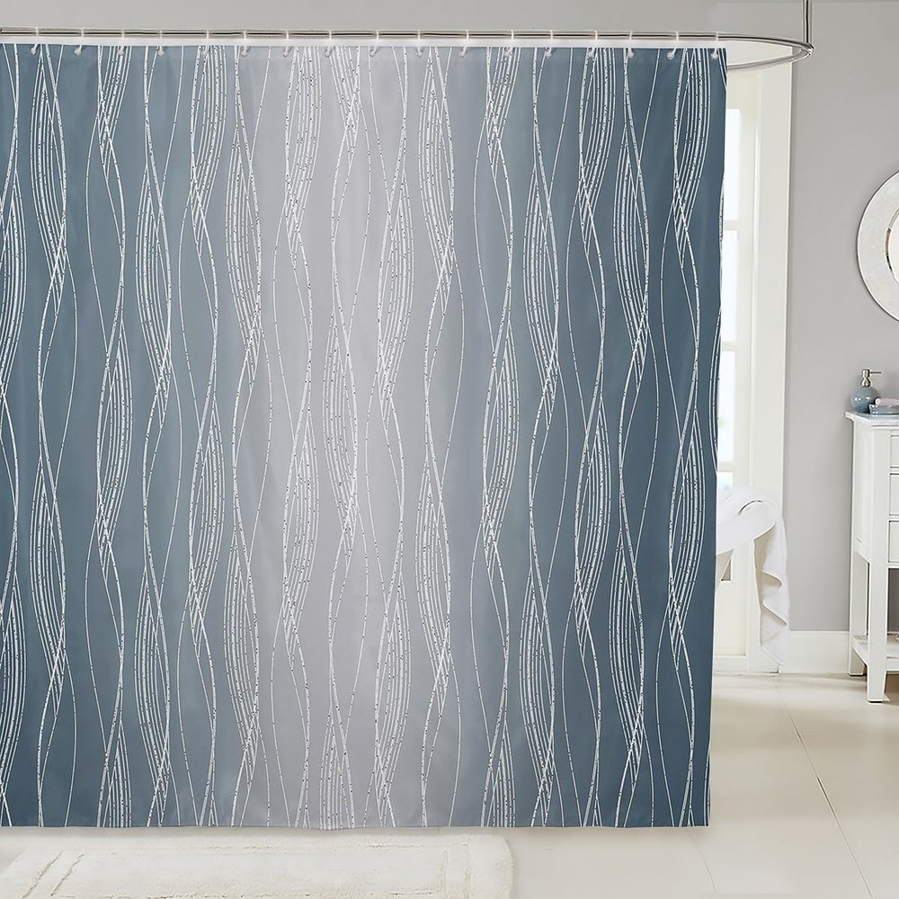 Erosebridal Boys Blue and Greyish White Shower Curtain 72" Wx72 L Abstract Ombre Bath Geometric Silver Striped Modern Fashion Wavy Line Bathroom Accessories 12 Hooks