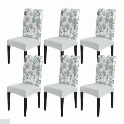 DecorLovee Sage Green Coastal Dining Room Chair Covers Set of 6, Stretch Kitchen Chair Cover Protector, Sea Turtle Nautical Coral Summer Beach Chair Slipcovers Chair Seat Cover for Party Banquet