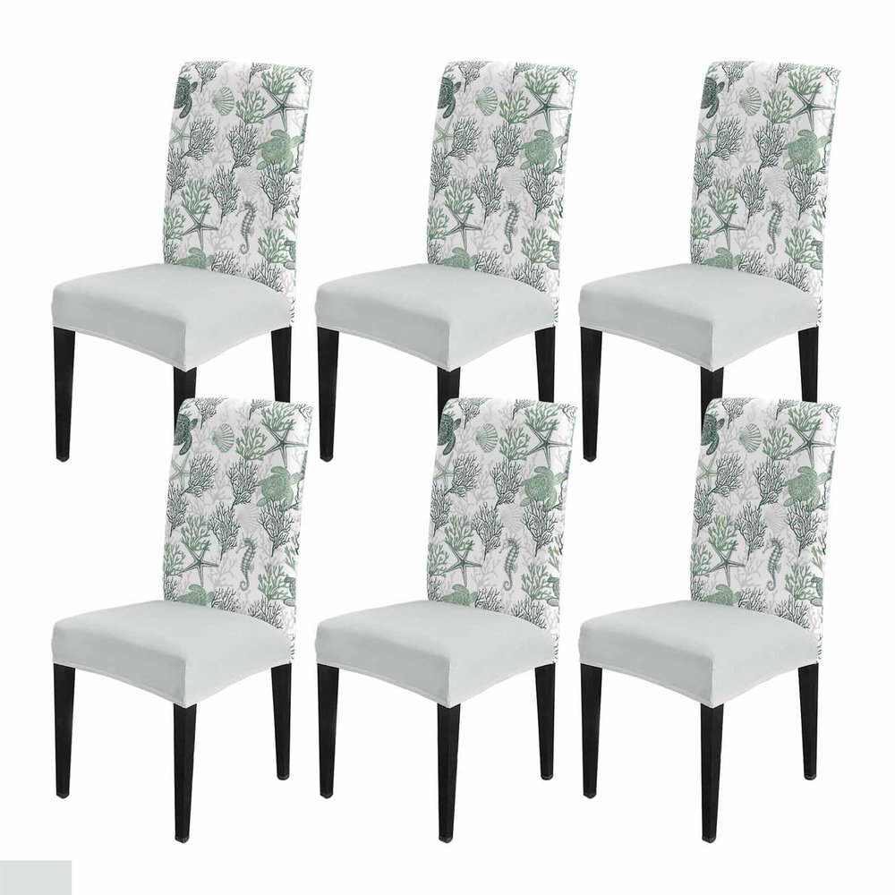DecorLovee Sage Green Coastal Dining Room Chair Covers Set of 6, Stretch Kitchen Chair Cover Protector, Sea Turtle Nautical Coral Summer Beach Chair Slipcovers Chair Seat Cover for Party Banquet