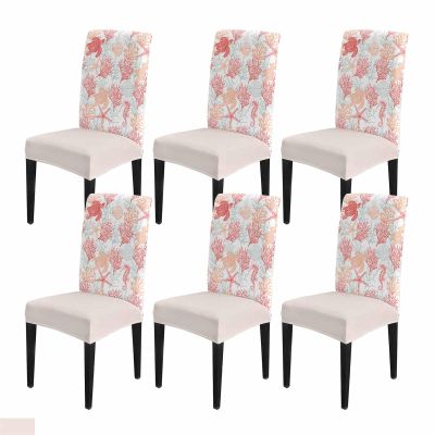 DecorLovee Red Orange Coastal Dining Room Chair Covers Set of 6, Stretch Kitchen Chair Cover Protector, Sea Turtle Nautical Coral Summer Beach Chair Slipcovers Chair Seat Cover for Party Banquet