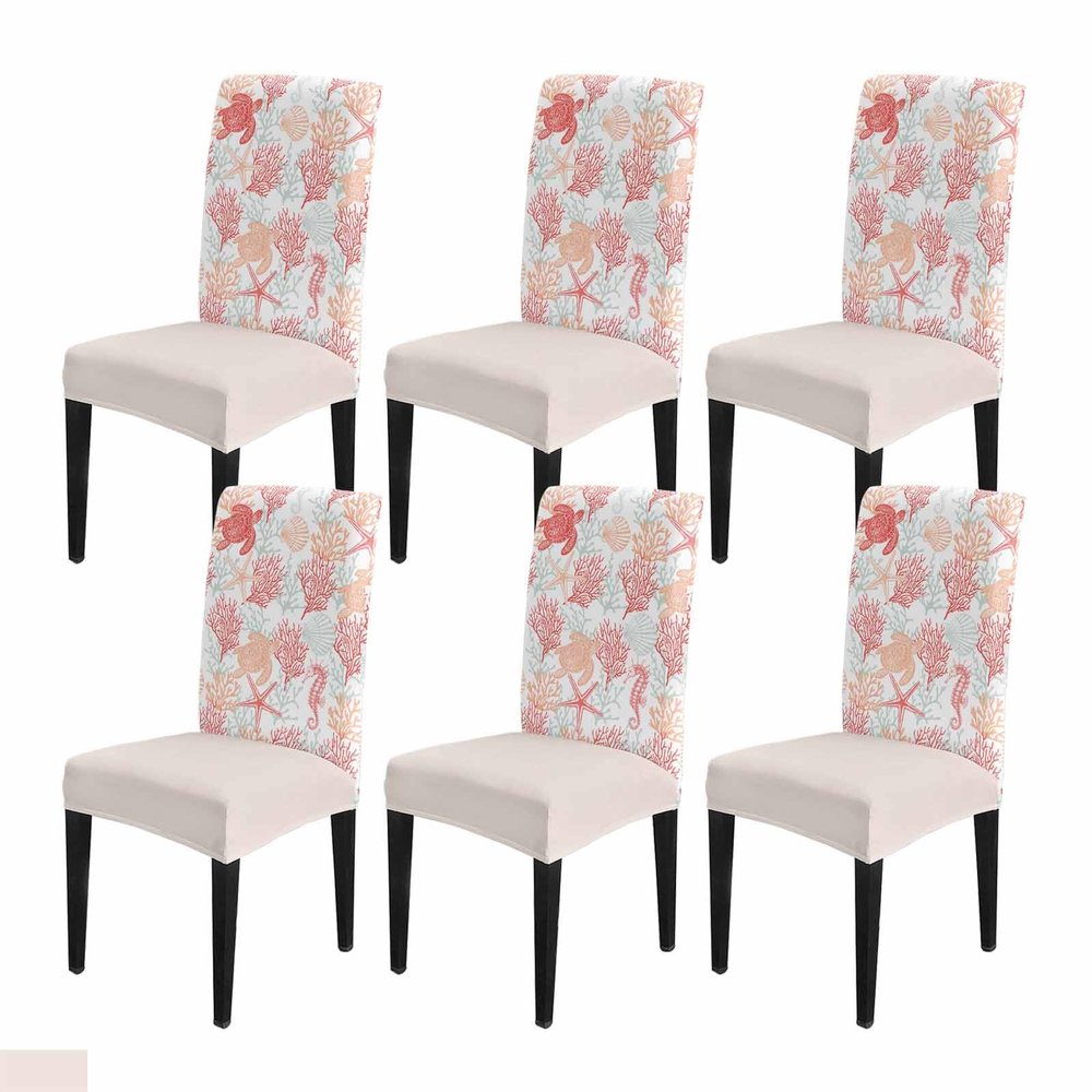 DecorLovee Red Orange Coastal Dining Room Chair Covers Set of 6, Stretch Kitchen Chair Cover Protector, Sea Turtle Nautical Coral Summer Beach Chair Slipcovers Chair Seat Cover for Party Banquet