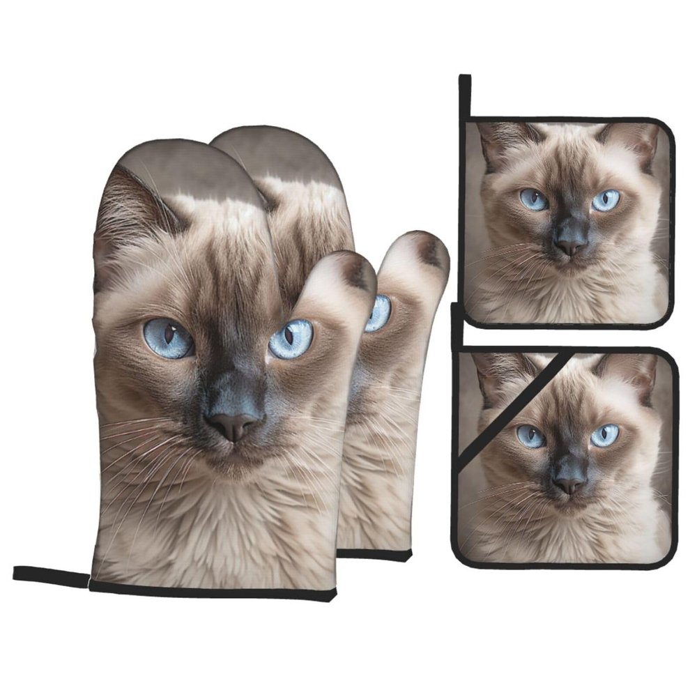 CSGJMYGS Oven Mitts and Pot Holders Set of 4 Heat Resistant Oven Glove and Hot Pads Beautiful Siamese Cat Kitchen Oven Mittens Non-Slip Potholder for Cooking Baking Grilling