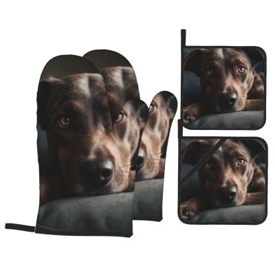 Oven Mitts and Pot Holders Set of 4 Heat Resistant Oven Glove and Hot Pads Dog Lying on The Sofa Kitchen Oven Mittens Non-Slip Potholder for Cooking Baking Grilling