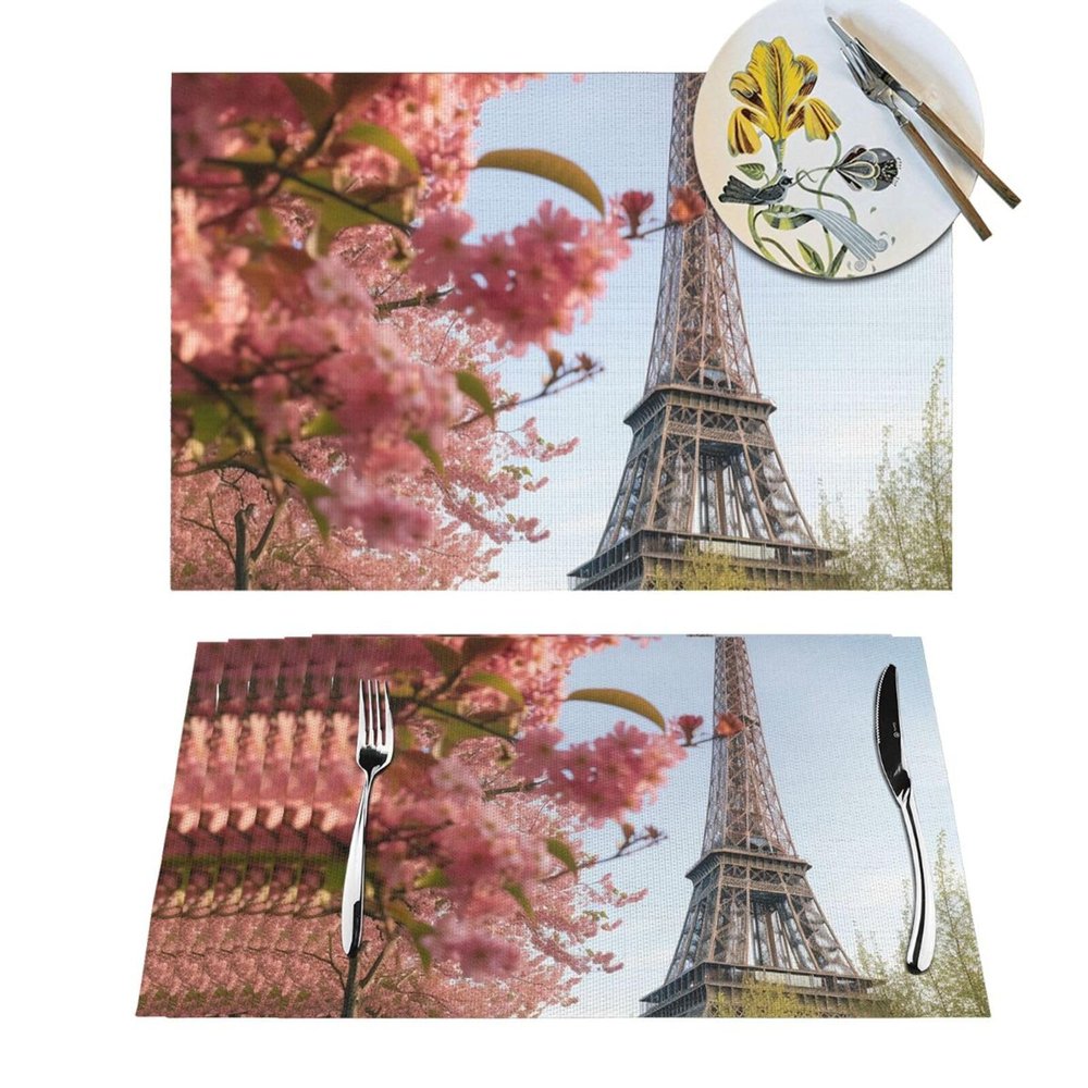 6 PCS Placemats Set Paris Eiffel Tower Flower Woven Place Mats for Dining Table Heat Resistant Table Mats Non-Slip Place Mats for Kitchen Washable PVC Vinyl Place Mats
