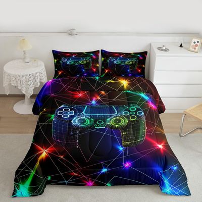 Manfei Gamepad Bed Comforter Set Queen Size,Modern Video Game Controller Super Soft Microfiber Bedding Set for Adults Teens,Rainbow Neon Lights Glowing Crossed Stripes Comforter Set,2 Pillows