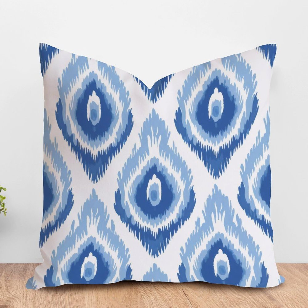 ArogGeld Peacock Feather Blue Ikat Cushion Cover Abstract Bukhara Ikat Ethnic Oriental Pillow Covers Chinoiserie Accent Pillow for Office Car Chair Sofa 28x28in White Linen