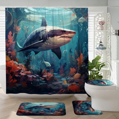 DESIHOM 4Pcs Sea Shark Shower Curtain Sets with Non-Slip Rug, U Shape and Toilet Lid Cover Mat, Ocean Home Bathroom Decor Set Accessories with 12 Hooks, 72 x 72 Inch