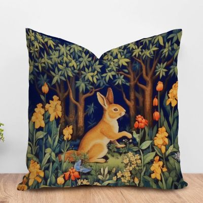 ArogGeld Chinoiserie Chic Cushion Covers Forest Rabbit Floral Art Pillow Covers Vintage Chinoiserie Flower Bunny Easter Pillow Cases with Zipper for Bedroom Sofa Couch 28x28in White Flax