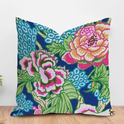 ArogGeld Blue and Pink Chinoiserie Peony Flower Throw Pillows Vintage Asian Style Peony Floral Decorative Cushion Cover Chinoiserie Farmhouse Accent Pillow for Sofa 28x28in White Flax