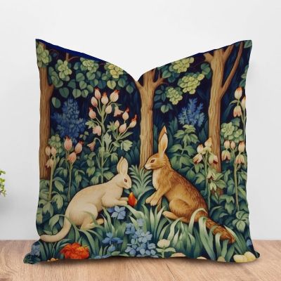 ArogGeld Japanese Asian Style Throw Pillow Cover Forest Rabbit Floral Art Sofa Pillowcase Vintage Chinoiserie Flower Bunny Easter Pillow Cases for Office Car Chair Sofa 16x16in White Flax
