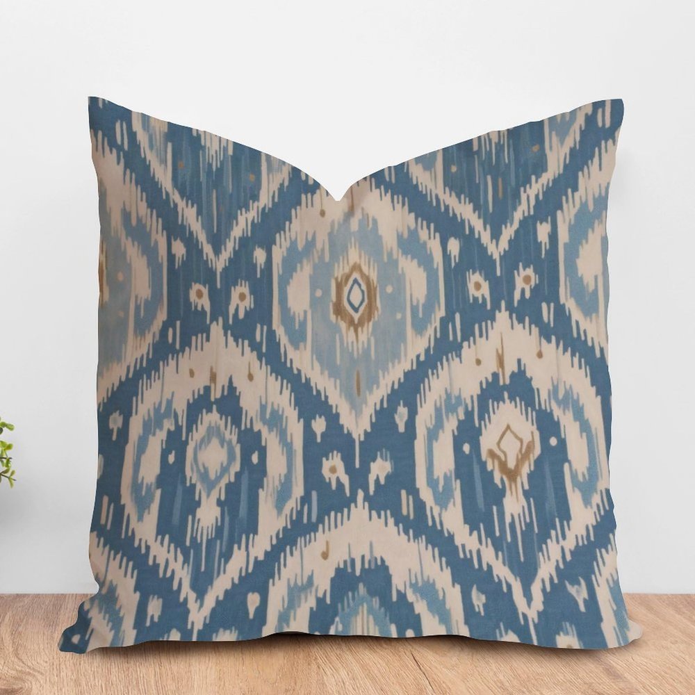ArogGeld Chinoiserie Chic Asian Cushion Cover Indigo Blue Antique Bukhara Ikat Sofa Pillow Cover Tan Blue Ikat Ethnic Boho Throw Pillowcase for Office Car Chair Sofa 28x28in White Flax