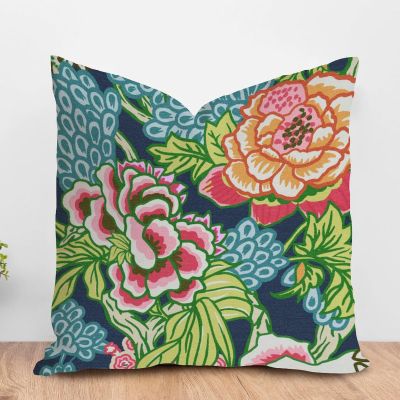 ArogGeld Pink and Blue Chinoiserie Peony Flower Cushion Cover Vintage Asian Style Peony Floral Throw Pillow Cushion Chinoiserie Double Side Accent Pillow for Bedroom 28x28in White Linen