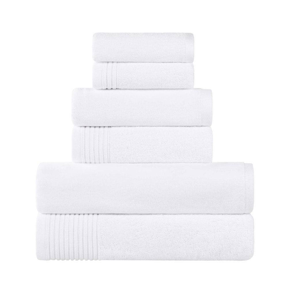 BNM Cotton 6 Piece Assorted Solid and Marble Towel Set, Includes 2 Bath, 2 Hand, 2 Washcloths/Face Towels, Daily Use, Soft, Absorbent, Decorative Bathroom Accessories, Home Essentials, White