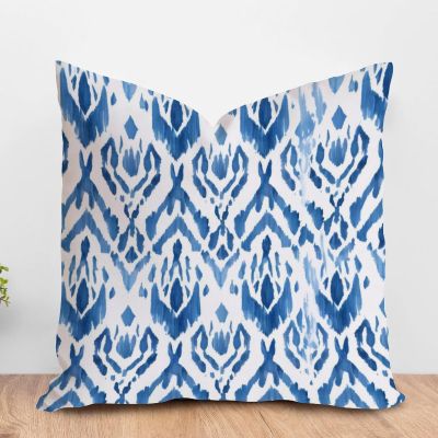 ArogGeld Chinoiserie Chic Cushion Cover Blue Bukhara Ikat Sofa Pillowcase Boho Ethnic Ikat Textile Blue Accent Pillow with Zipper for Living Room Bedroom 28x28in White Flax