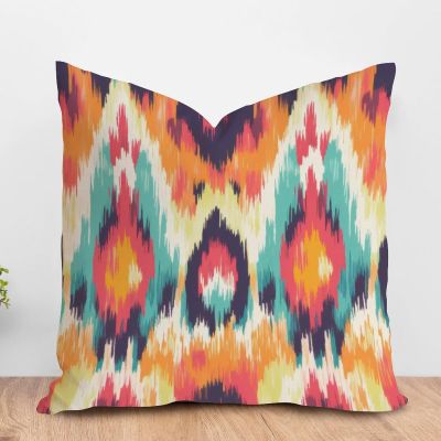 ArogGeld Aqua Coral Pink Yellow Boho Ikat Pillow Covers Colorful Ikat Uzbekistan Decorative Cushion Cover Chinoiserie Chic Asian Farmhouse Toss Pillows for Sofa Couch Chair 28x28in White Flax