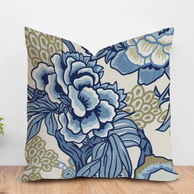 ArogGeld Asian Style Chinoiserie Cushion Covers Blue and Khaki Chinoiserie Floral Throw Pillow Vintage Peony Flower Throw Pillowcase with Zipper for Sofa Living Room 28x28in White Flax