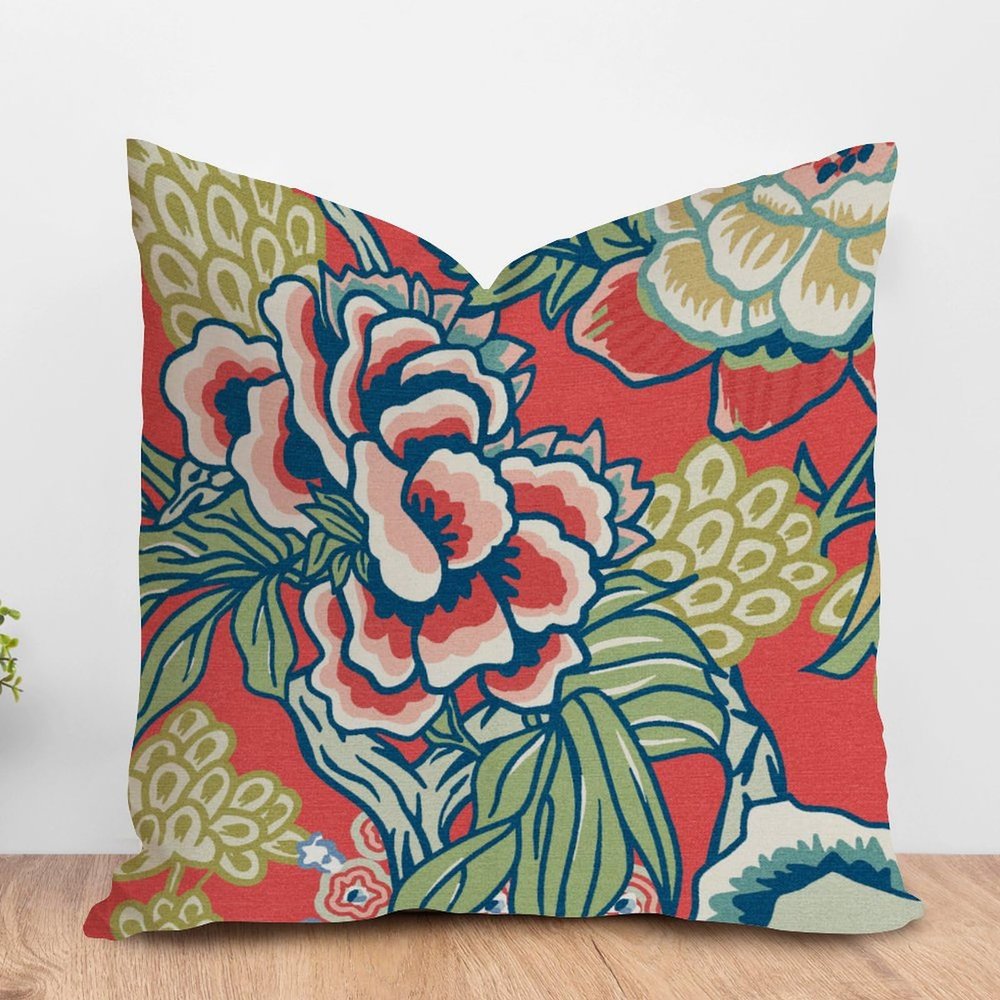 ArogGeld Red and Yellow Chinoiserie Floral Cushion Cover Vintage Peony Flower Cushion Cover Chinoiserie Chic Double Side Accent Pillow for Sofa Couch Car Chair 28x28in White Linen