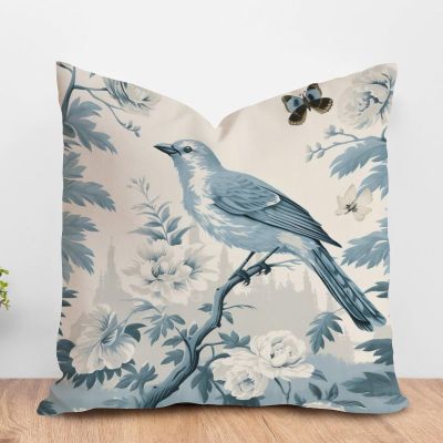 ArogGeld Bird Flower Aquamarine Cushion Covers Chinoiserie Floral Bird Animal Cushion Cover Asian Scenic Chinoiserie Double Side Throw Pillowcase for Office Car Chair Sofa 28x28in White Linen