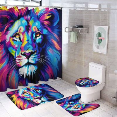 FOCCAFB 4 Piece Fantasy Lion Bathroom Set with Shower Curtain and Rugs, Modern Natural Colorful Animal Bathroom Shower Curtain Set with Rug, Bath Mat, U-Shaped Floor Mat, Style-6