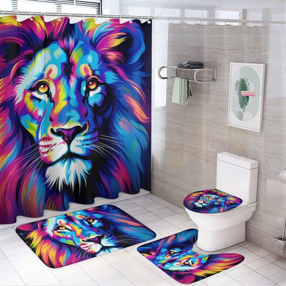 FOCCAFB 4 Piece Fantasy Lion Bathroom Set with Shower Curtain and Rugs, Modern Natural Colorful Animal Bathroom Shower Curtain Set with Rug, Bath Mat, U-Shaped Floor Mat, Style-6