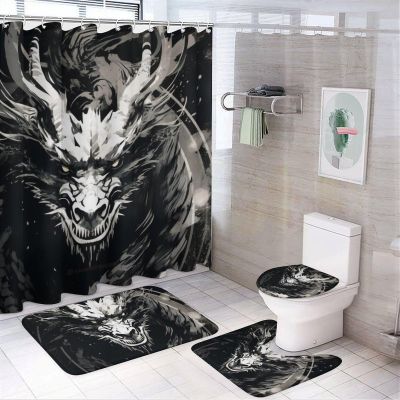 FOCCAFB 4Pcs Abstract Dragon Bathroom Sets with Shower Curtain Rugs Mats Fierce Abstract Animal Vintage Style Bathroom Decorations Sets with Non Slip Rugs Toilet Lid Cover Bath Mat