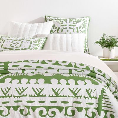 Pine Cone Hill x Kit Kemp Knight Wood Cutwork Olive Coverlet, Twin Size, Green Graphic Pattern