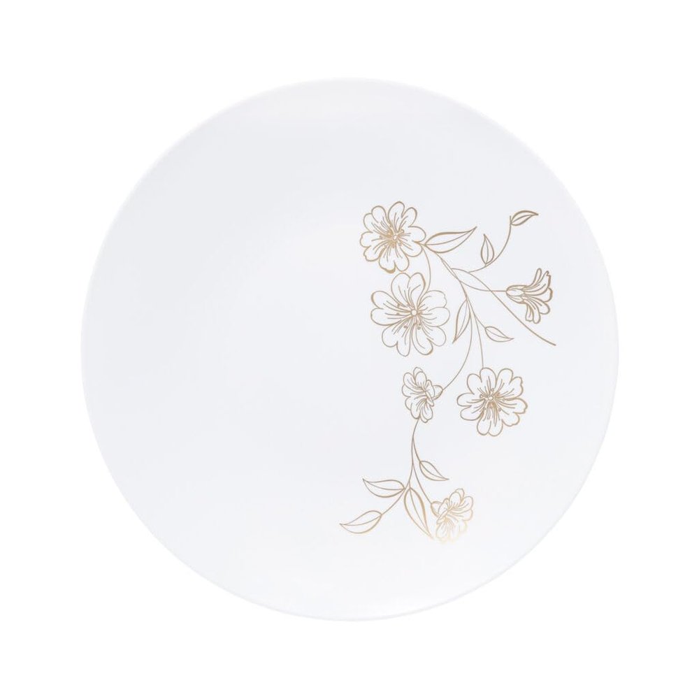 EcoQuality 9" inch Round White Plastic Plates with Gold Primrose Design - Disposable China Like Party Plates, Heavy Duty Dinner Plates, Salad Plate, Dinners, Wedding, Serveware (30)
