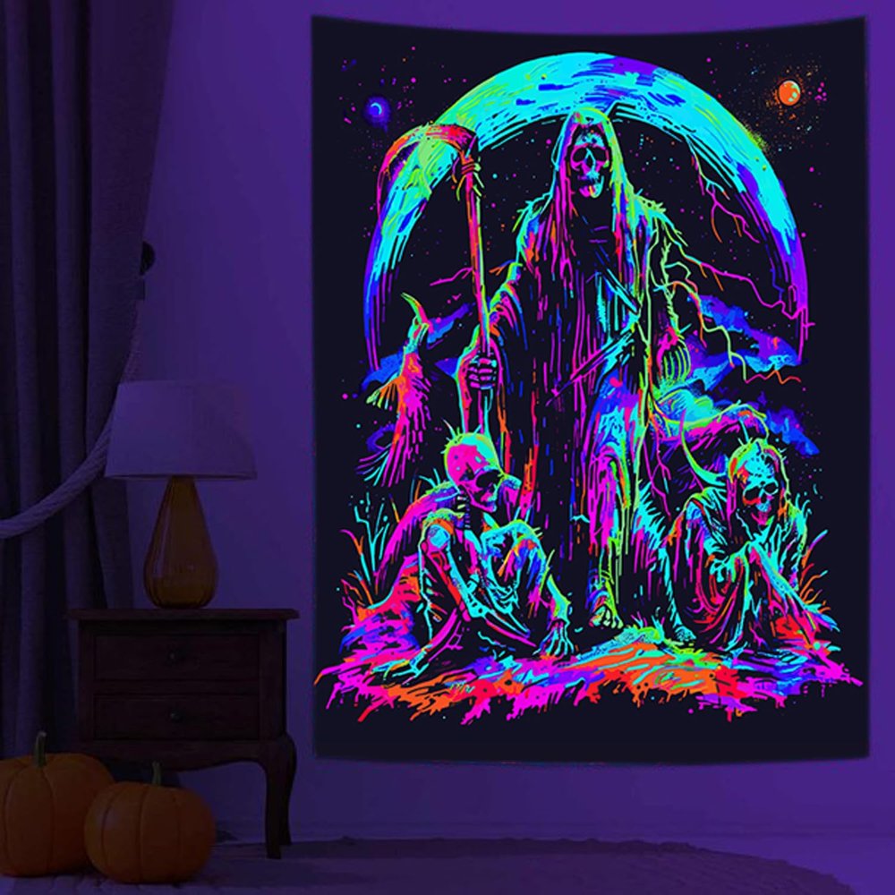 Blacklight Skull Tapestry, Trippy UV Grim Reaper Skeleton Poster, Gothic Sun Moon Tapestry for Bedroom, Neon Vertical Wall Hanging for Men Living Room Dorm Decor 60X80IN