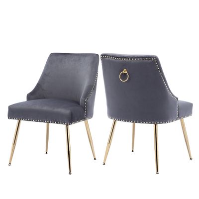 KCC Velvet Dining Room Chairs Set of 2 Nailhead Back Ring Pull Trim with Gold Legs for Kitchen Living Room(Grey)