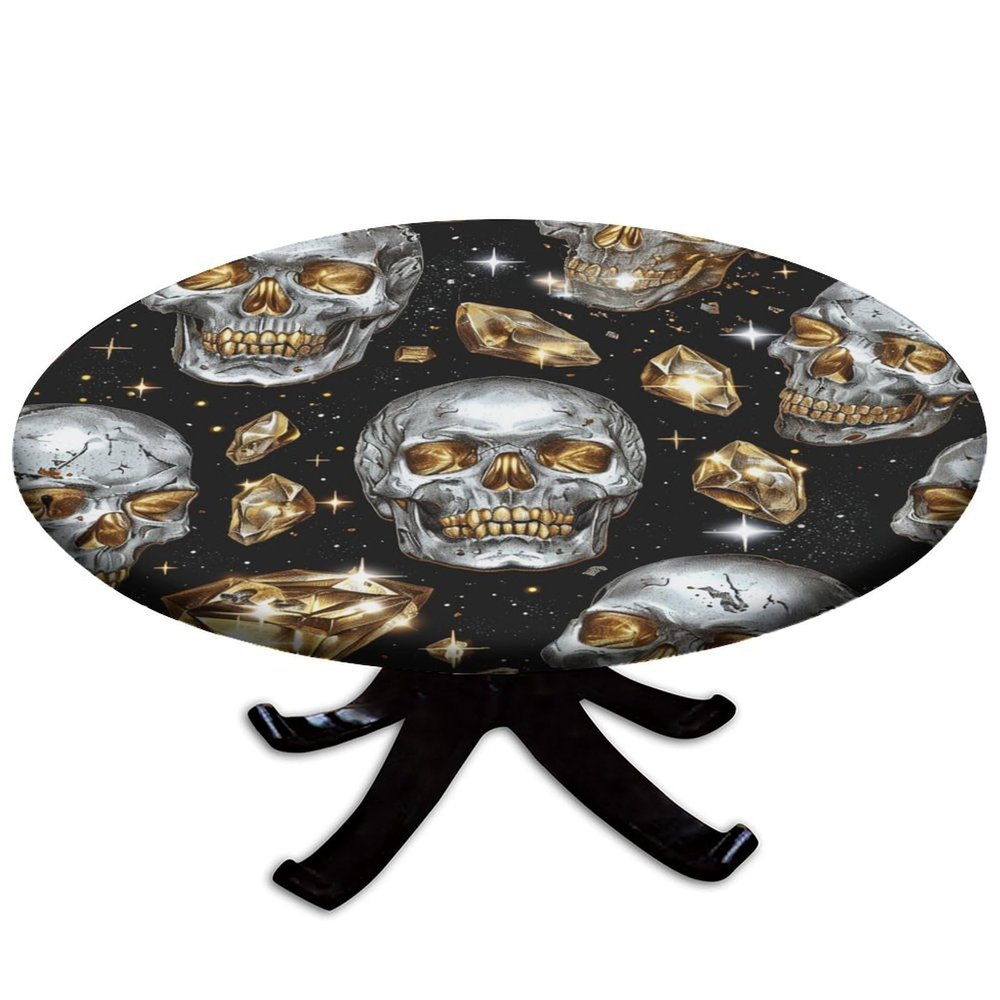Barsada Skull Silver and Black Print Tablecloth Round Elastic, Waterproof Oil-Proof Table Cover, for Parties Kitchen Dinning and Outdoor Fit for 44"" Table, GQ-SBZB-2402ZXW1327-D130