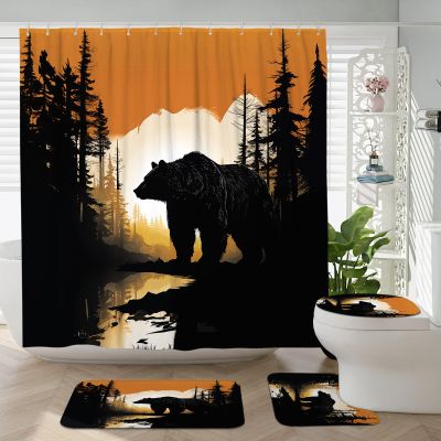 Witzest 4Pcs Cabin Bear Shower Curtain Sets with Non-Slip Rug, U Shape and Toilet Lid Cover Mat, Hunting Home Bathroom Decor Set Accessories with 12 Hooks, 72 x 72 Inch
