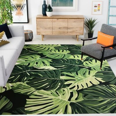 Emerald Green Modern Tropical Leaf Monstera Area Rug Soft Washable Art Deco Carpet for Living Room Bedroom Diningroom Boho Aesthetic Indoor Outdoor 9x14 Rugs