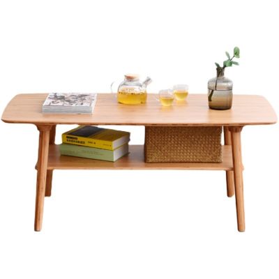2 Tier Wood Coffee Table, Bamboo Tea Table for Living Room,Modern Rectangular Log Wind Center Table with Open Shelving, for Living Room Home Office